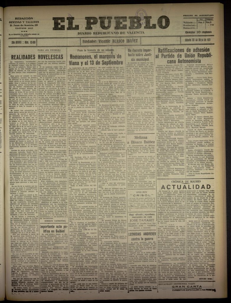 Miniatura de El Pueblo : Diario republicano de Valencia del 23 de mayo de 1931, nº 13.459