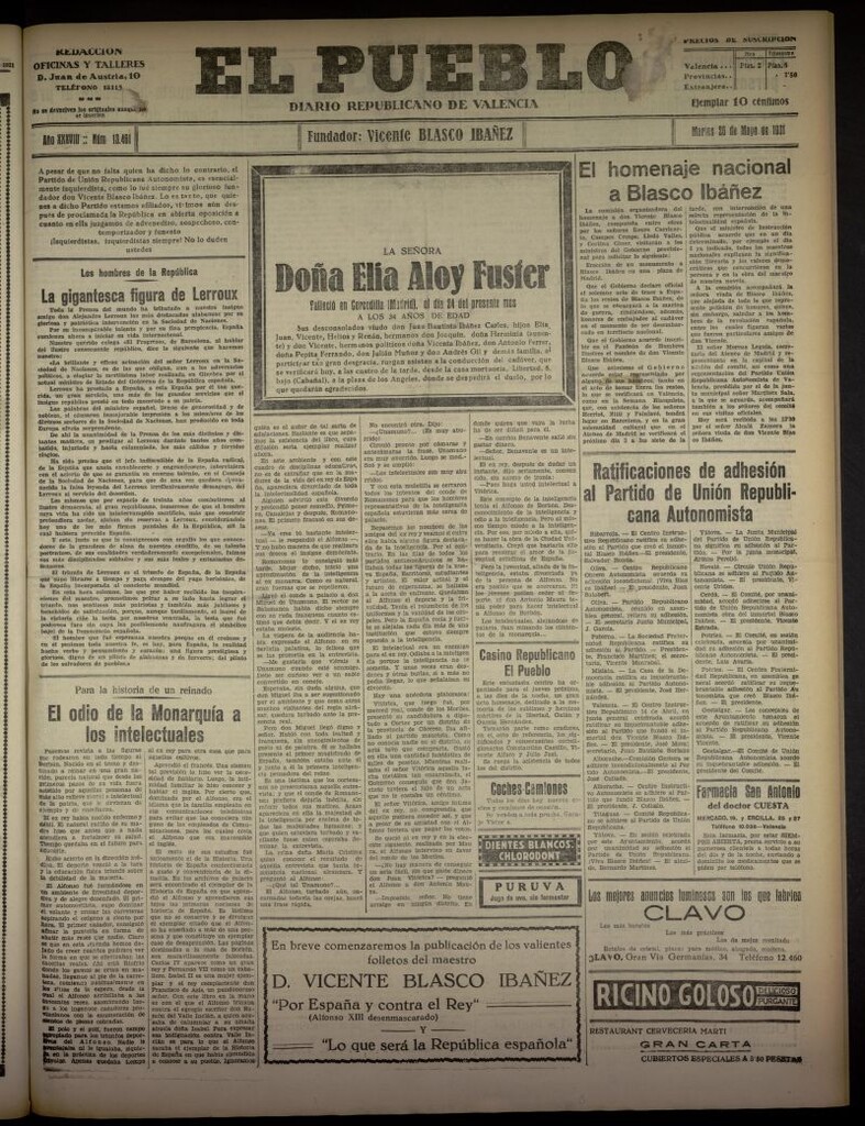 Miniatura de El Pueblo : Diario republicano de Valencia del 26 de mayo de 1931, nº 13.461
