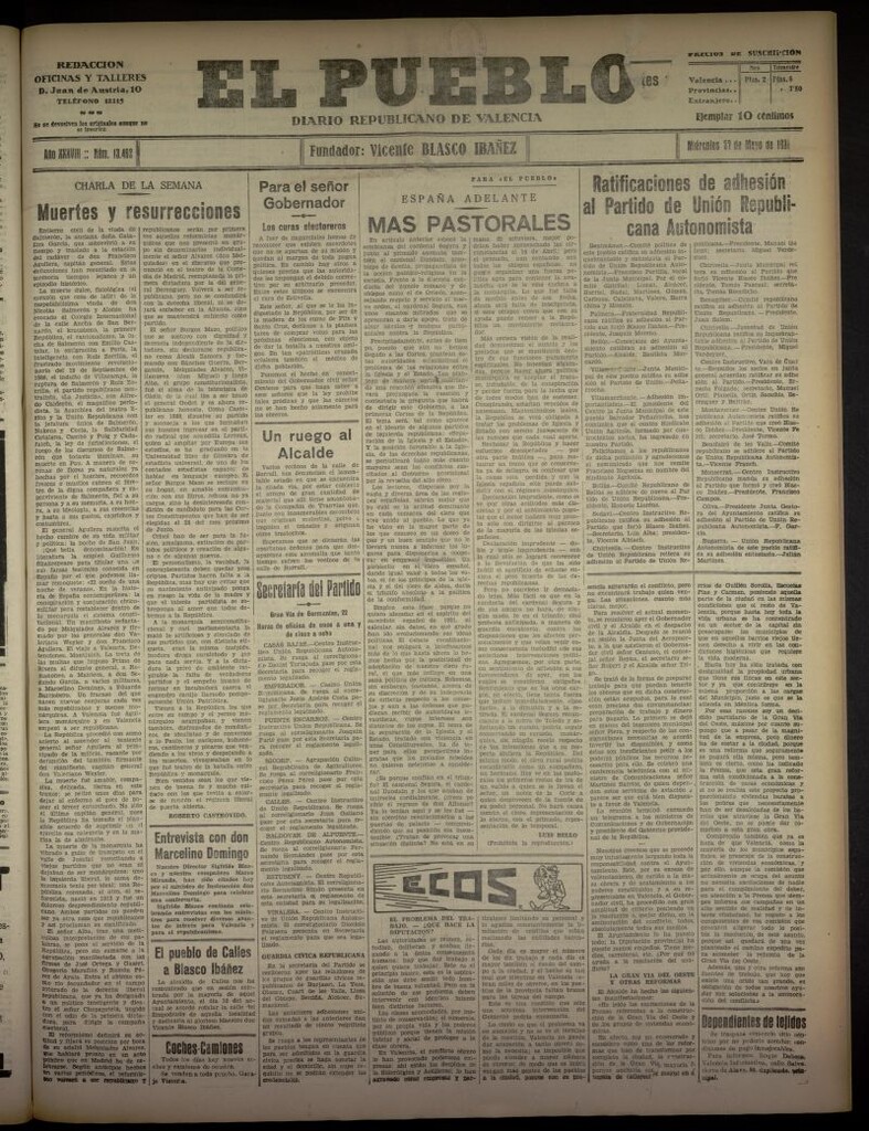 Miniatura de El Pueblo : Diario republicano de Valencia del 27 de mayo de 1931, nº 13.462