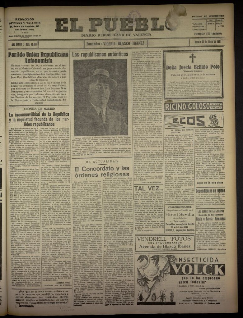 Miniatura de El Pueblo : Diario republicano de Valencia del 28 de mayo de 1931, nº 13.463