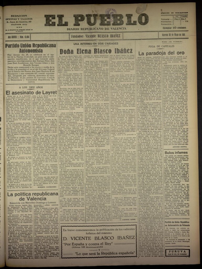 Miniatura de El Pueblo : Diario republicano de Valencia del 29 de mayo de 1931, nº 13.464