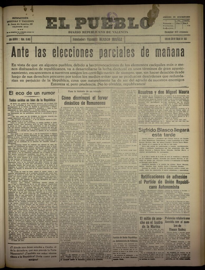 Miniatura de El Pueblo : Diario republicano de Valencia del 30 de mayo de 1931, nº 13.465