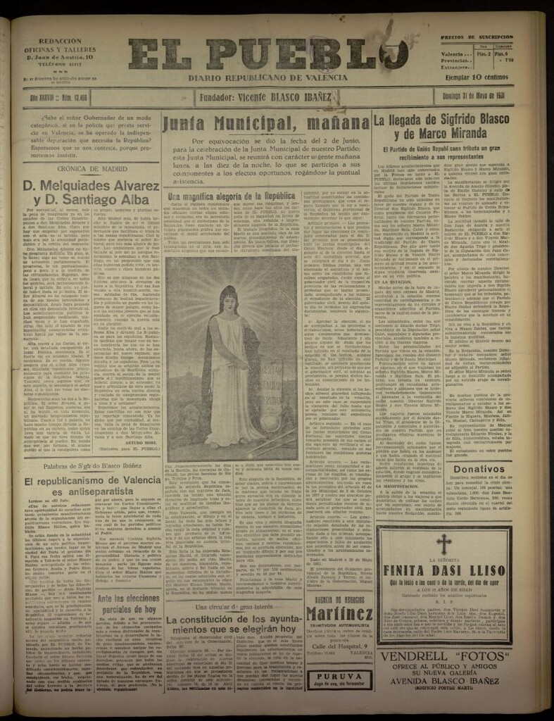 Miniatura de El Pueblo : Diario republicano de Valencia del 31 de mayo de 1931, nº 13.466