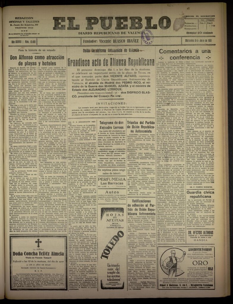 Miniatura de El Pueblo : Diario republicano de Valencia del 3 de junio de 1931, nº 13.468