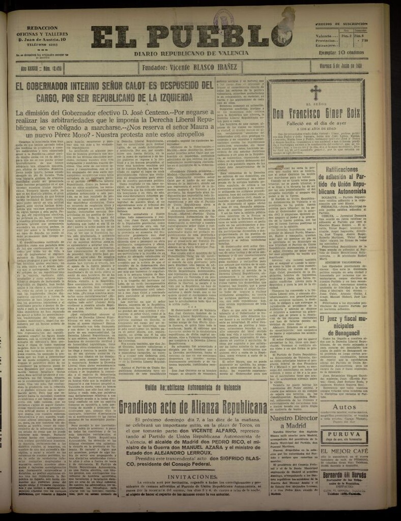 Miniatura de El Pueblo : Diario republicano de Valencia del 5 de junio de 1931, nº 13.470