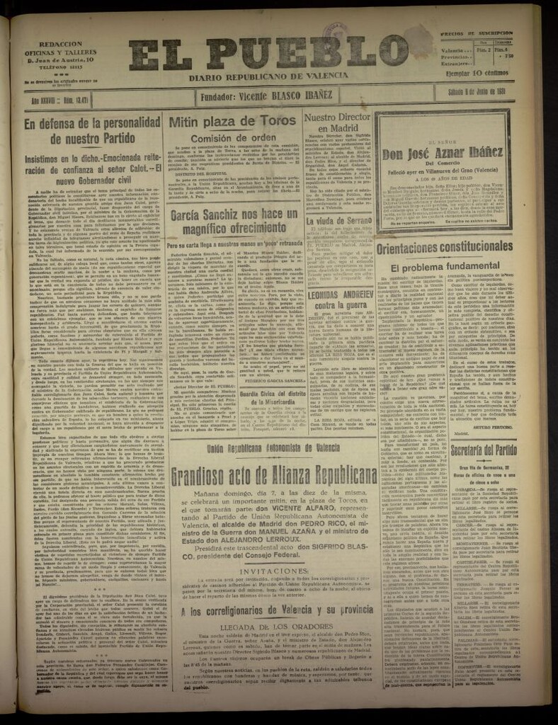 Miniatura de El Pueblo : Diario republicano de Valencia del 6 de junio de 1931, nº 13.471