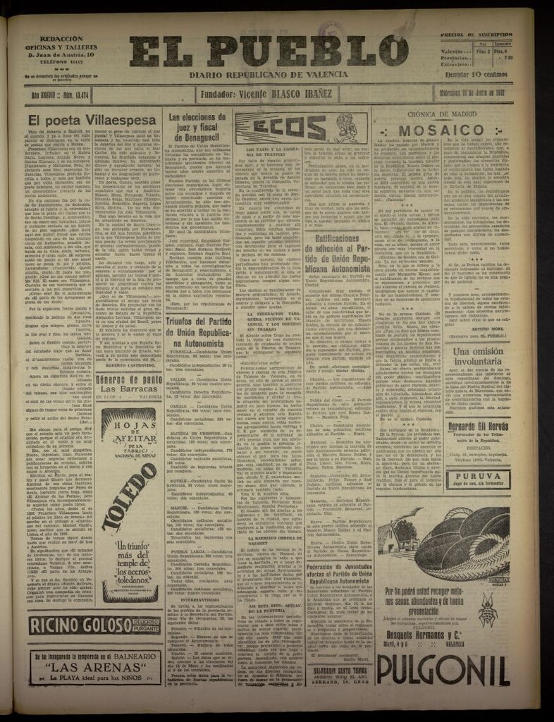 Miniatura de El Pueblo : Diario republicano de Valencia del 10 de junio de 1931, nº 13.474