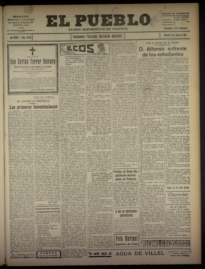Miniatura de El Pueblo : Diario republicano de Valencia del 12 de junio de 1931, nº 13.476