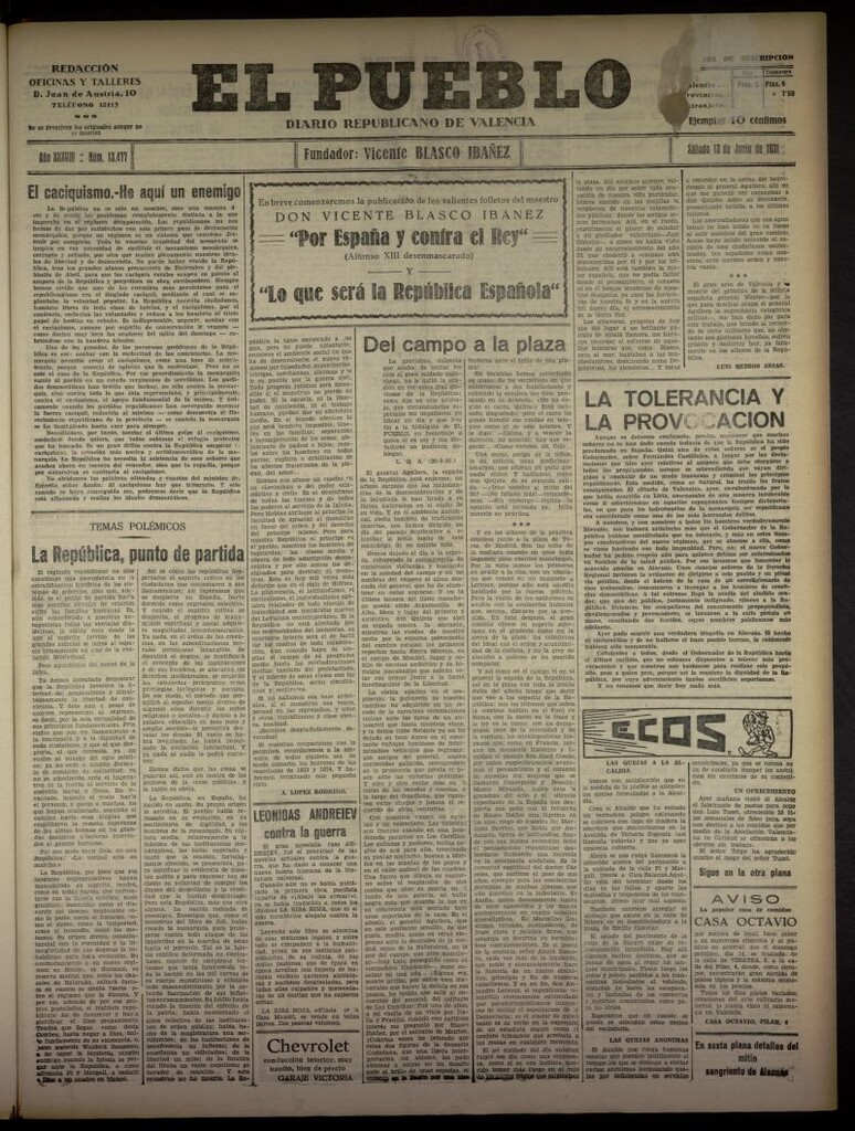 Miniatura de El Pueblo : Diario republicano de Valencia del 13 de junio de 1931, nº 13.477
