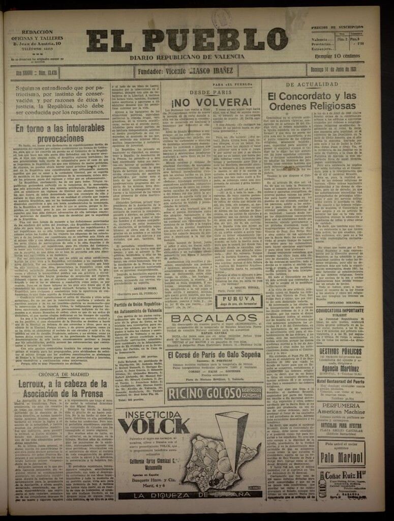 Miniatura de El Pueblo : Diario republicano de Valencia del 14 de junio de 1931, nº 13.478