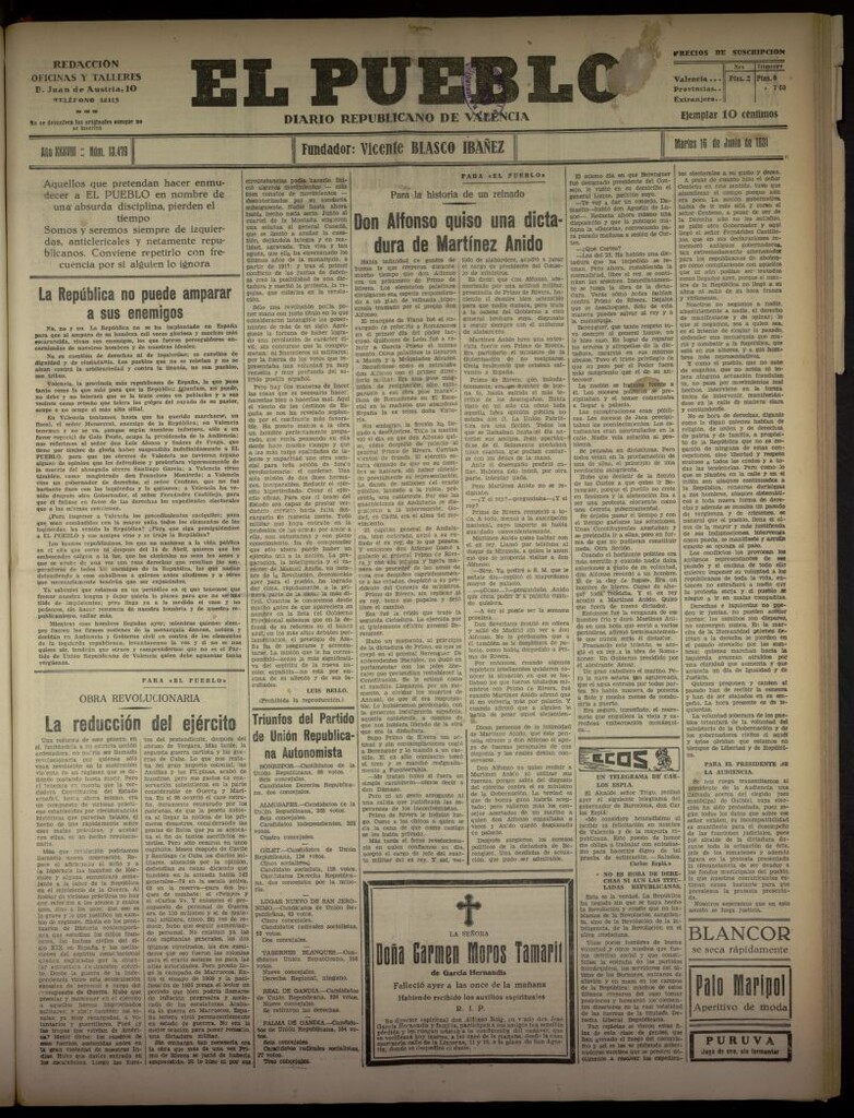 Miniatura de El Pueblo : Diario republicano de Valencia del 16 de junio de 1931, nº 13.479