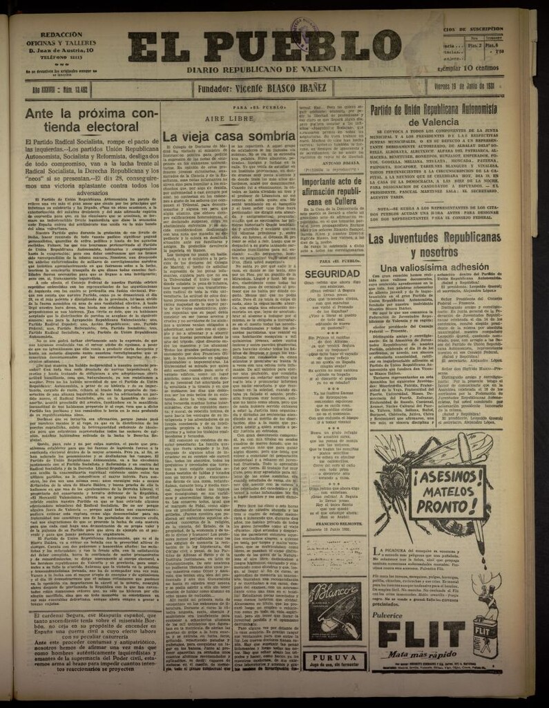 Miniatura de El Pueblo : Diario republicano de Valencia del 19 de junio de 1931, nº 13.482