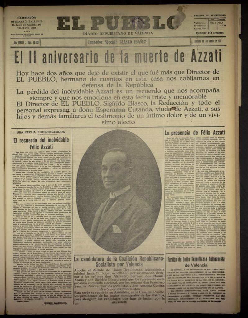 Miniatura de El Pueblo : Diario republicano de Valencia del 20 de junio de 1931, nº 13.483
