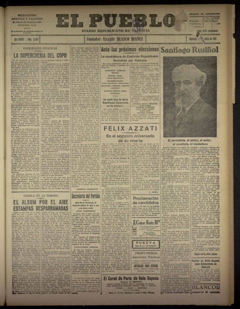 Miniatura de El Pueblo : Diario republicano de Valencia del 21 de junio de 1931, nº 13.484