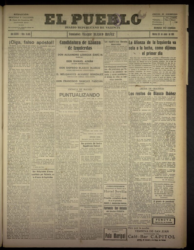 Miniatura de El Pueblo : Diario republicano de Valencia del 23 de junio de 1931, nº 13.485