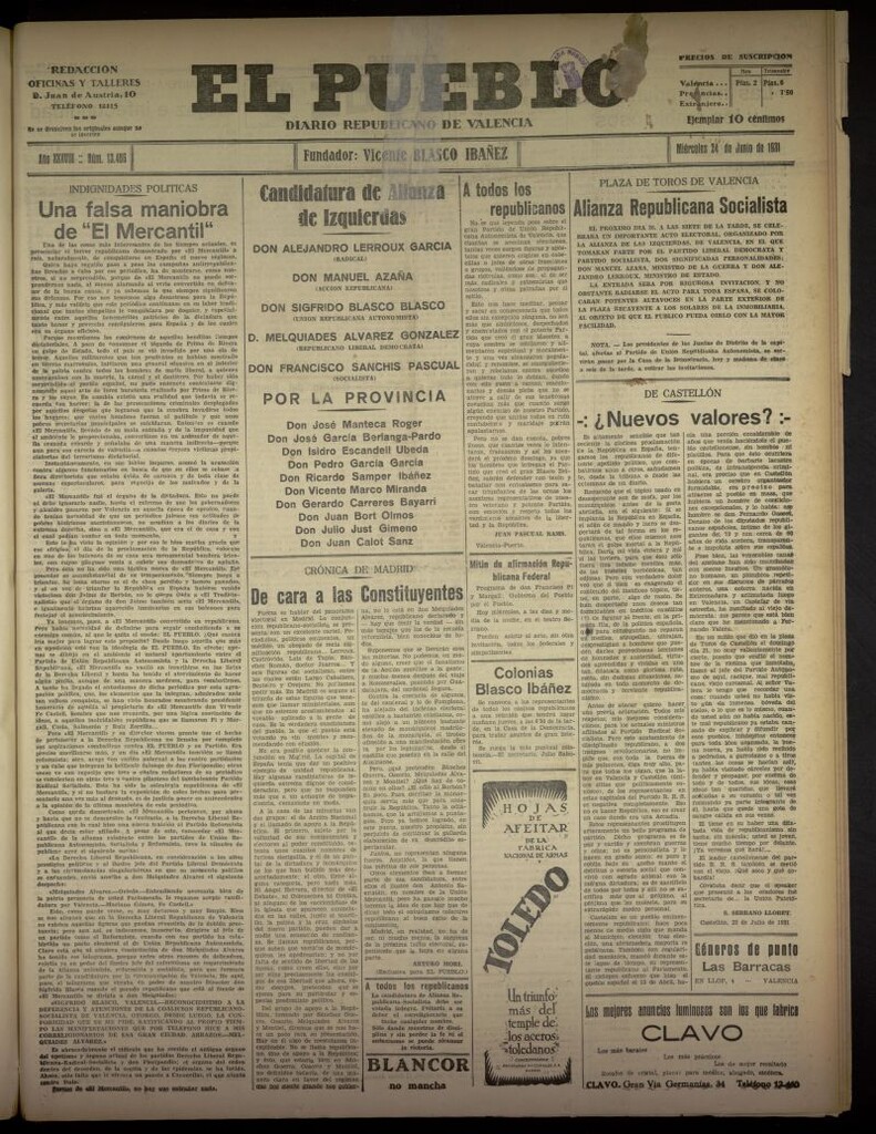 Miniatura de El Pueblo : Diario republicano de Valencia del 24 de junio de 1931, nº 13.486