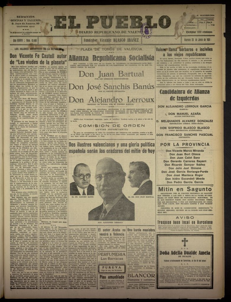 Miniatura de El Pueblo : Diario republicano de Valencia del 26 de junio de 1931, nº 13.488