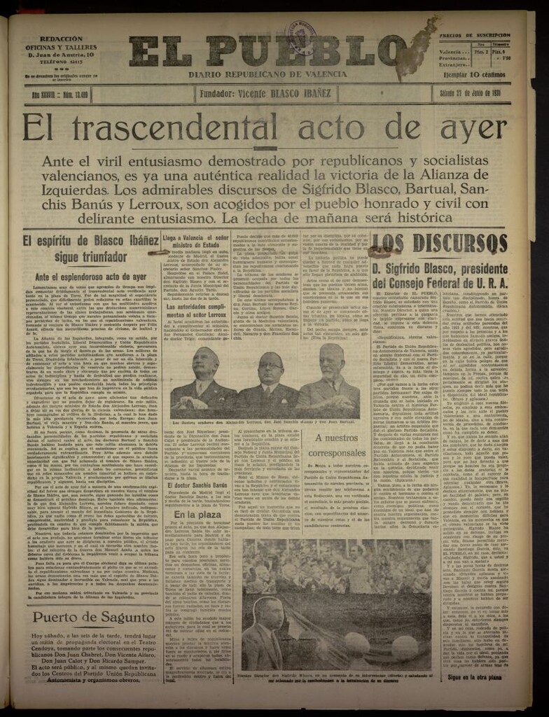 Miniatura de El Pueblo : Diario republicano de Valencia del 27 de junio de 1931, nº 13.489