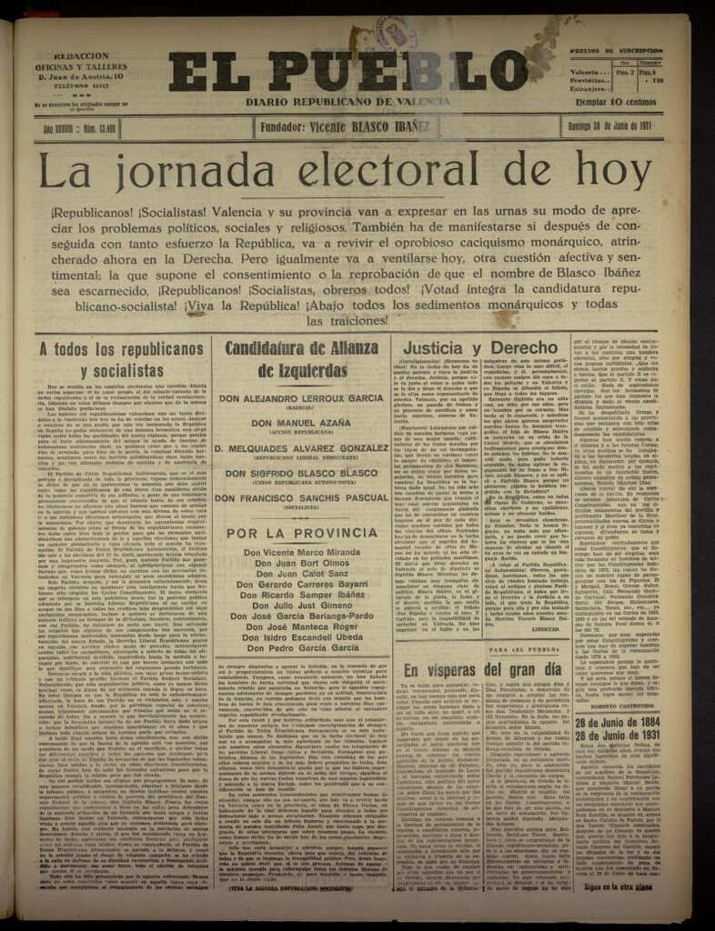 Miniatura de El Pueblo : Diario republicano de Valencia del 28 de junio de 1931, nº 13.490