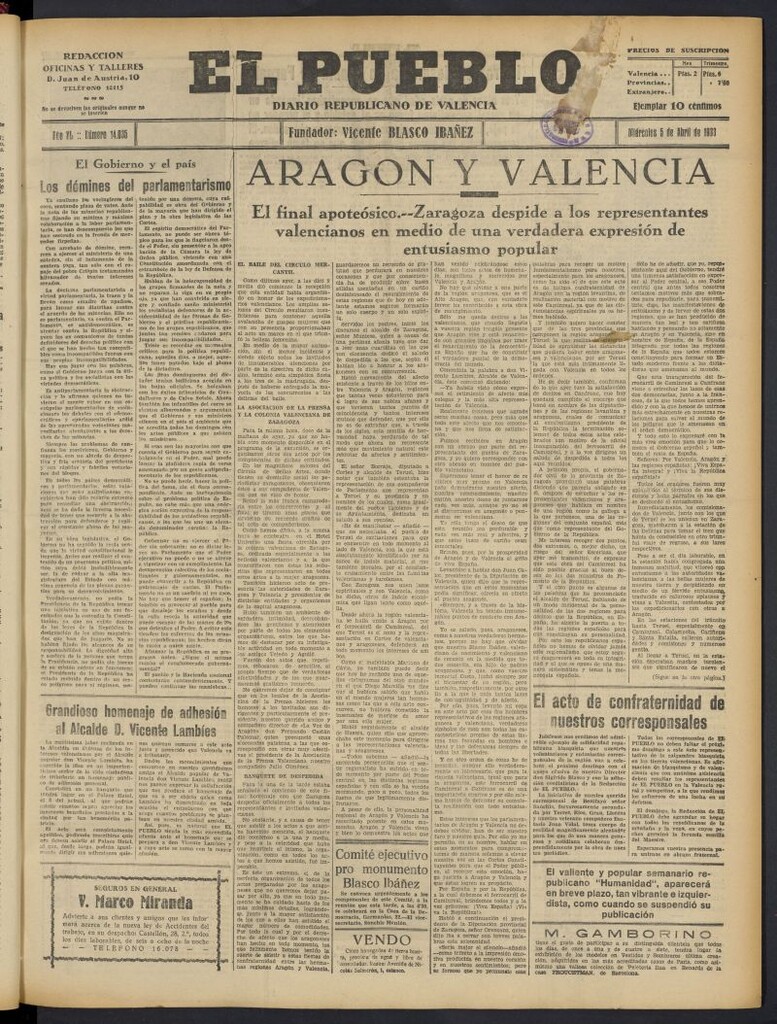 Miniatura de El Pueblo : Diario republicano de Valencia del 5 de abril de 1933, nº 14.035