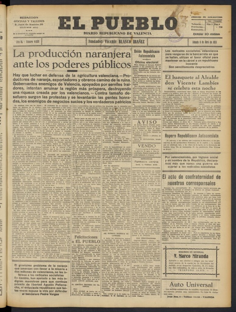 Miniatura de El Pueblo : Diario republicano de Valencia del 8 de abril de 1933, nº 14.038