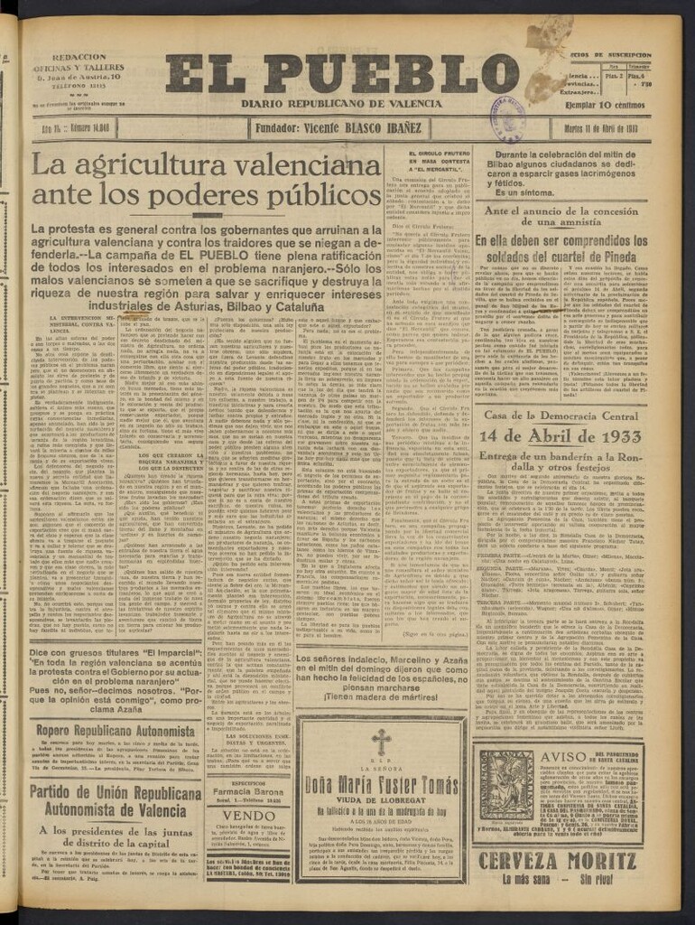 Miniatura de El Pueblo : Diario republicano de Valencia del 11 de abril de 1933, nº 14.040