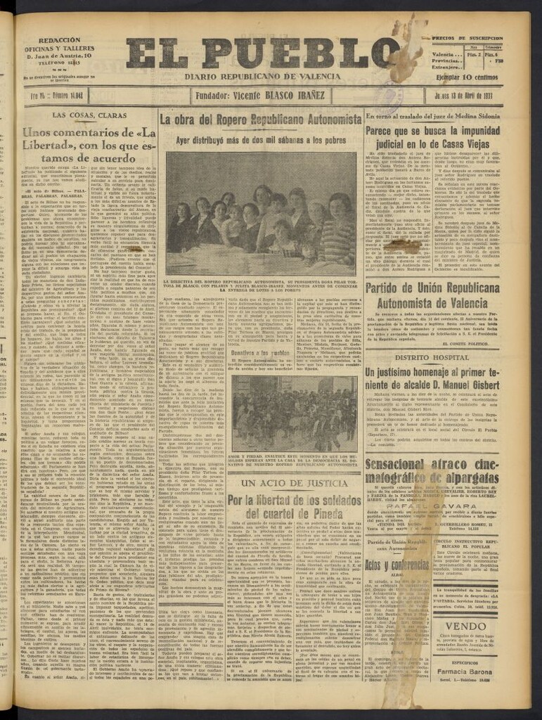 Miniatura de El Pueblo : Diario republicano de Valencia del 13 de abril de 1933, nº 14.042