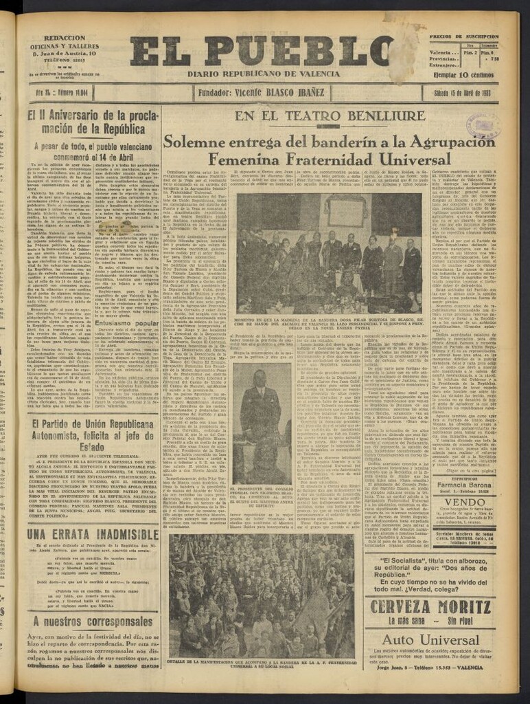 Miniatura de El Pueblo : Diario republicano de Valencia del 15 de abril de 1933, nº 14.044