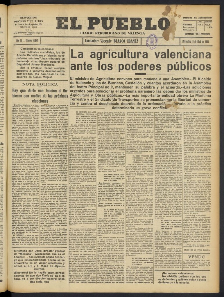 Miniatura de El Pueblo : Diario republicano de Valencia del 19 de abril de 1933, nº 14.047