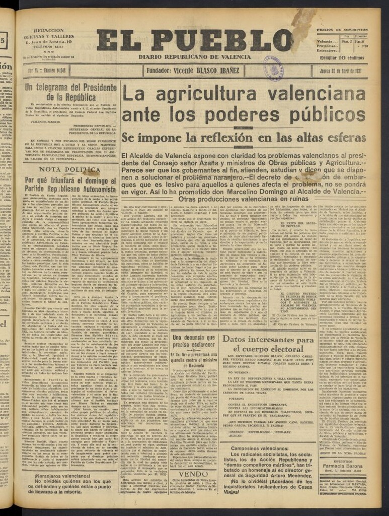Miniatura de El Pueblo : Diario republicano de Valencia del 20 de abril de 1933, nº 14.048