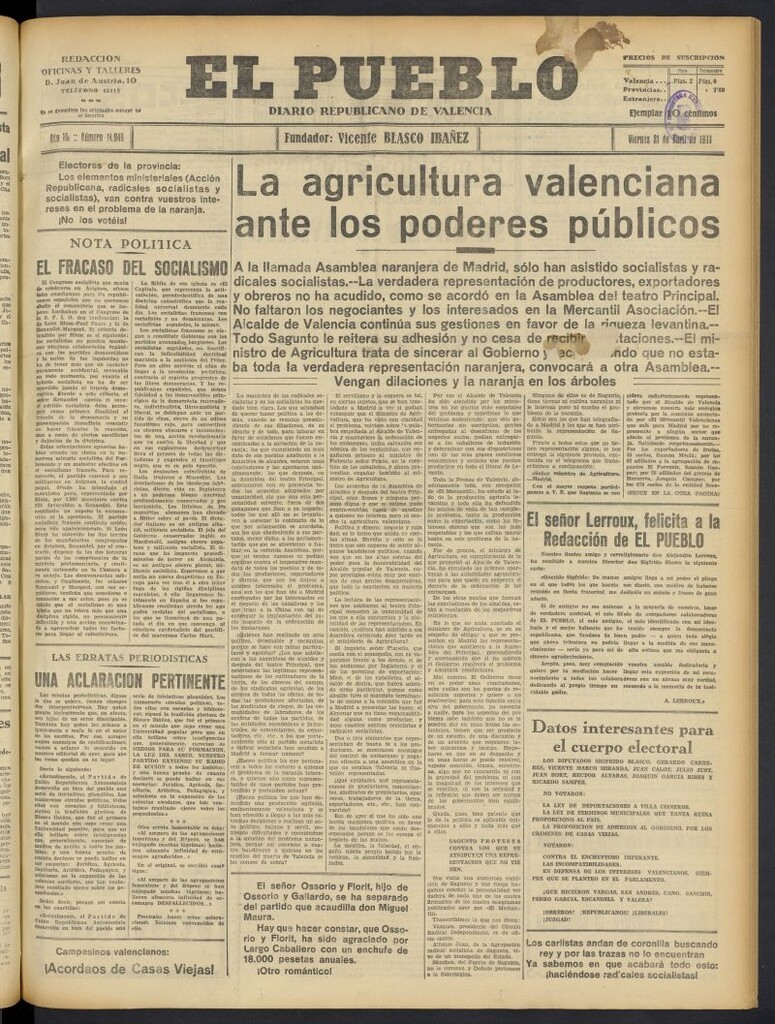 Miniatura de El Pueblo : Diario republicano de Valencia del 21 de abril de 1933, nº 14.049