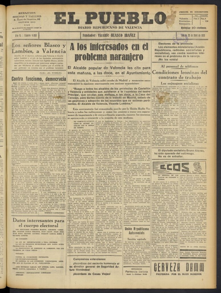 Miniatura de El Pueblo : Diario republicano de Valencia del 22 de abril de 1933, nº 14.050