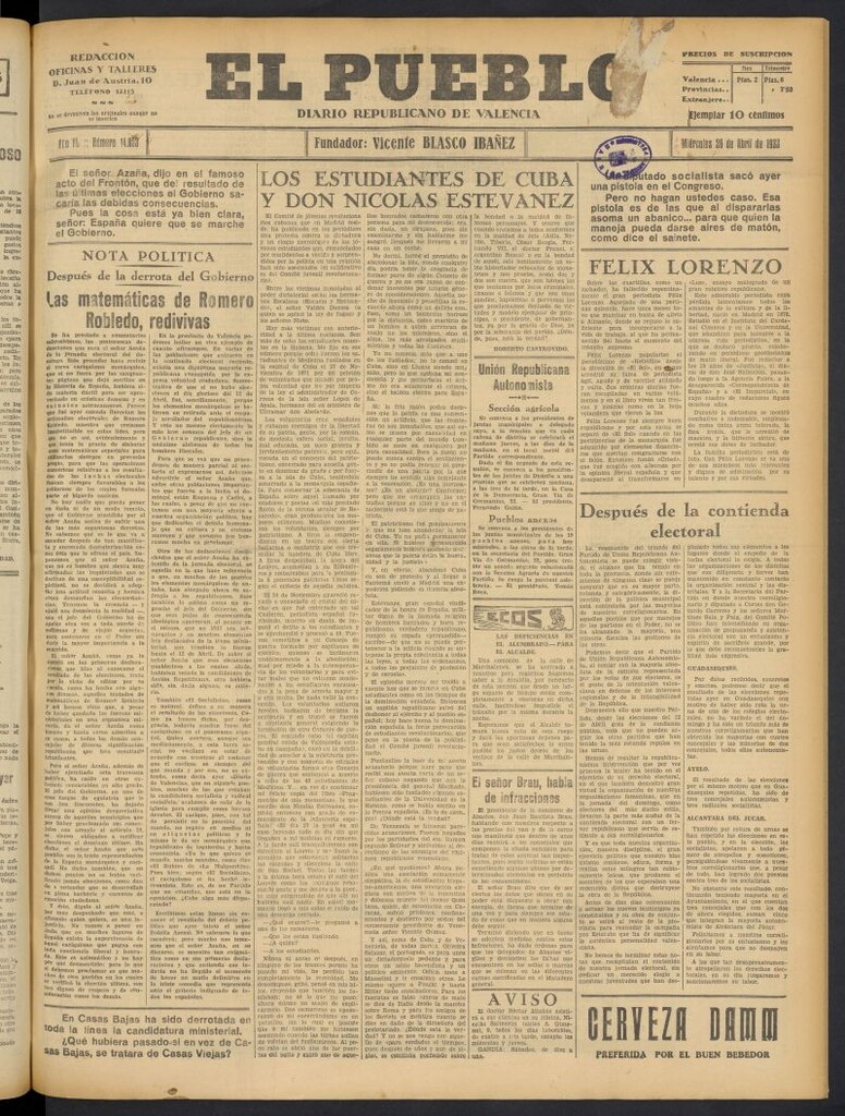Miniatura de El Pueblo : Diario republicano de Valencia del 26 de abril de 1933, nº 14.053