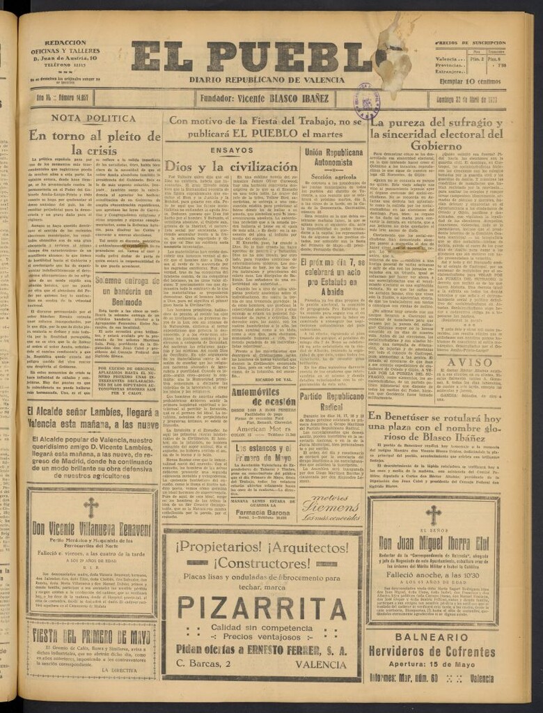 Miniatura de El Pueblo : Diario republicano de Valencia del 30 de abril de 1933, nº 14.057