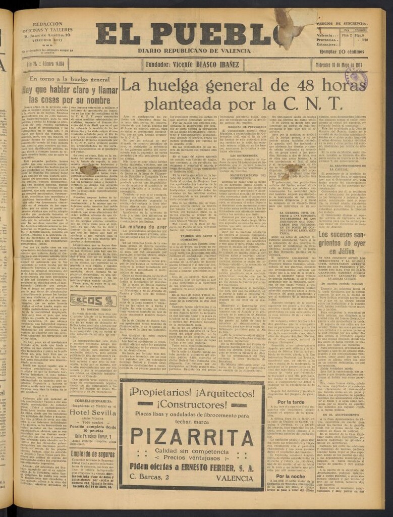 Miniatura de El Pueblo : Diario republicano de Valencia del 10 de mayo de 1933, nº 14.064