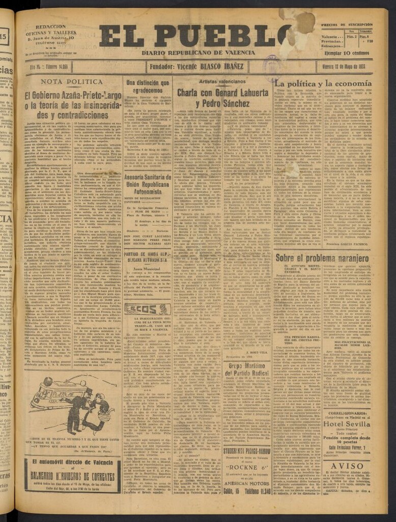Miniatura de El Pueblo : Diario republicano de Valencia del 12 de mayo de 1933, nº 14.066