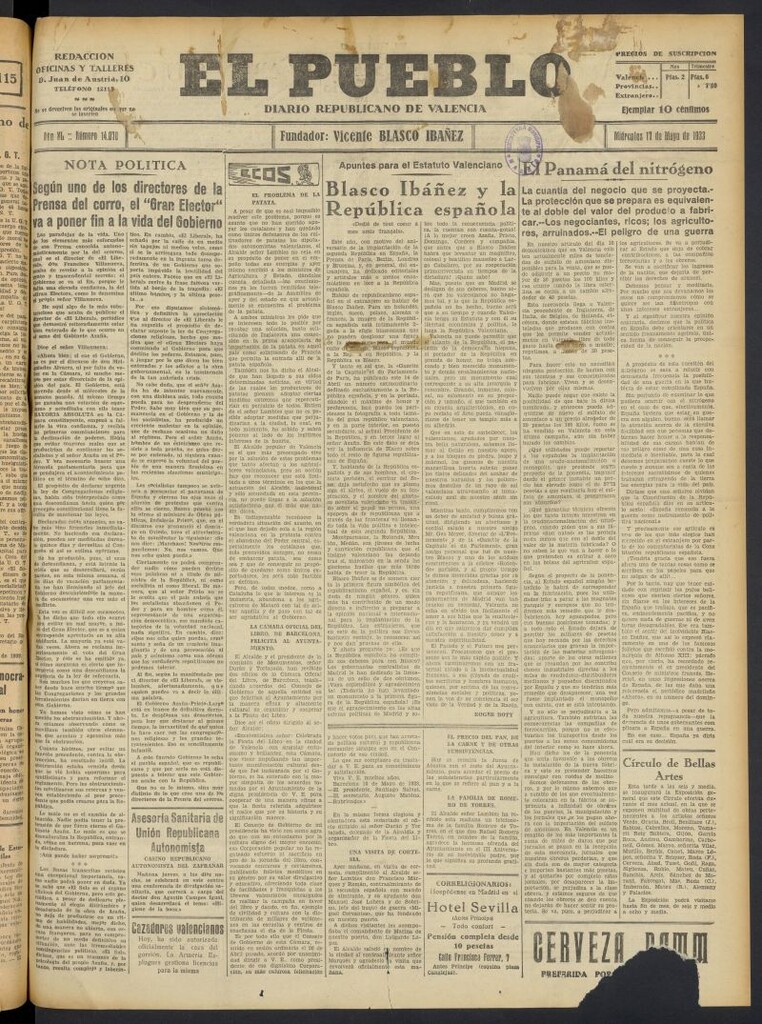 Miniatura de El Pueblo : Diario republicano de Valencia del 17 de mayo de 1933, nº 14.070