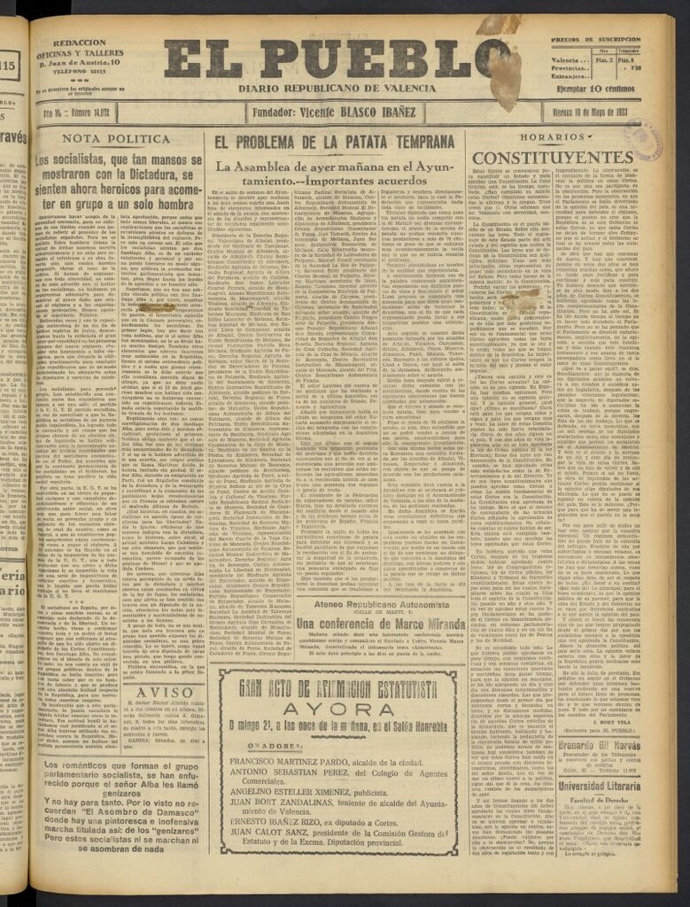 Miniatura de El Pueblo : Diario republicano de Valencia del 19 de mayo de 1933, nº 14.072