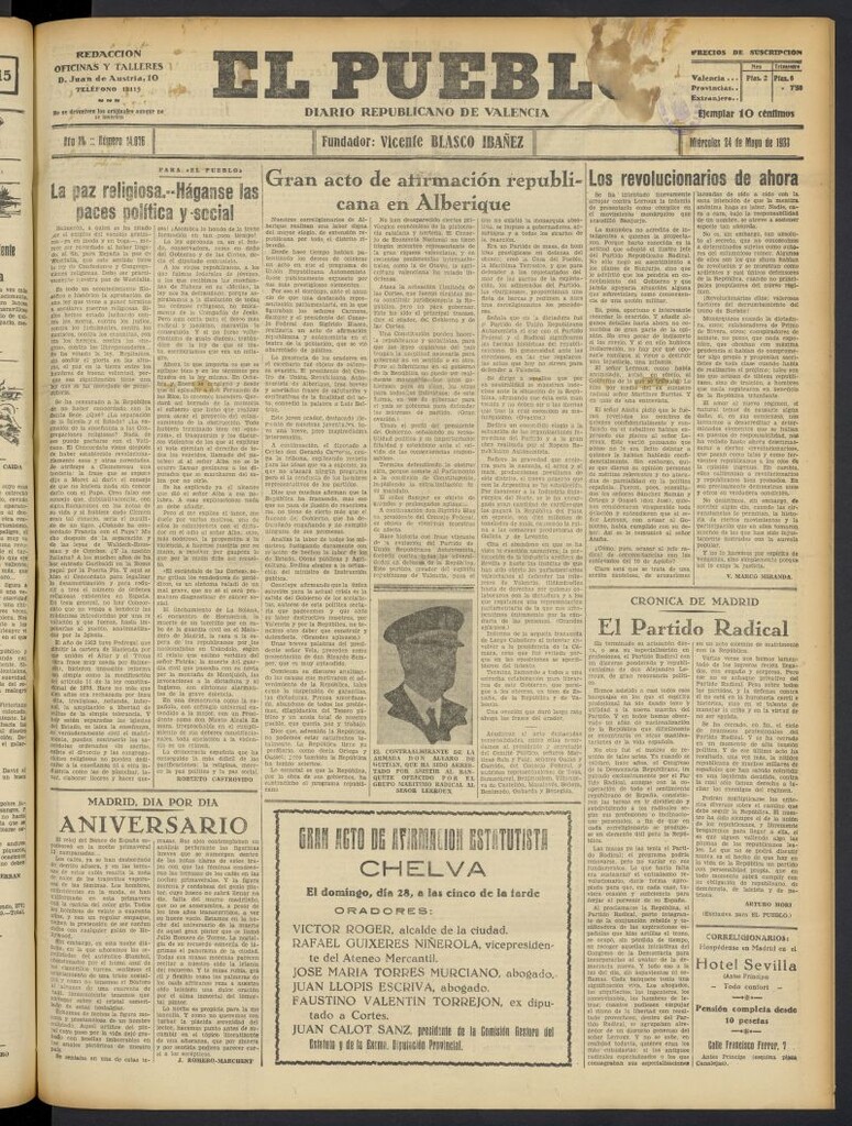 Miniatura de El Pueblo : Diario republicano de Valencia del 24 de mayo de 1933, nº 14.076