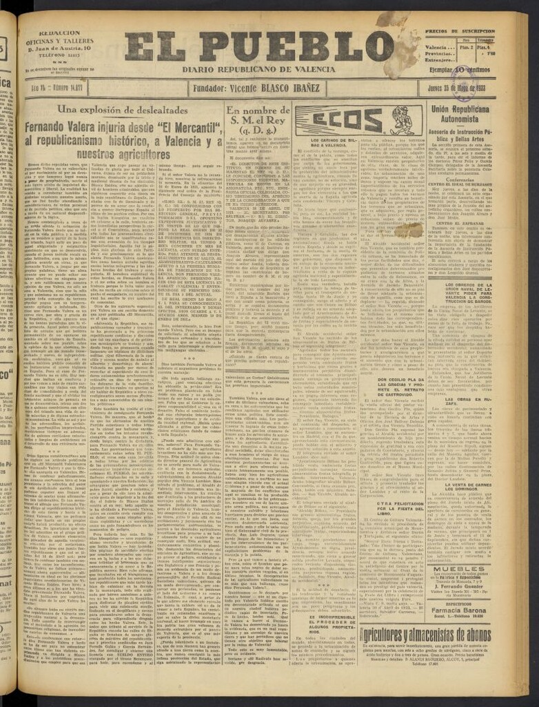 Miniatura de El Pueblo : Diario republicano de Valencia del 25 de mayo de 1933, nº 14.077