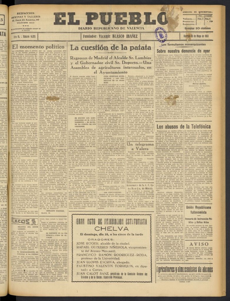 Miniatura de El Pueblo : Diario republicano de Valencia del 26 de mayo de 1933, nº 14.078