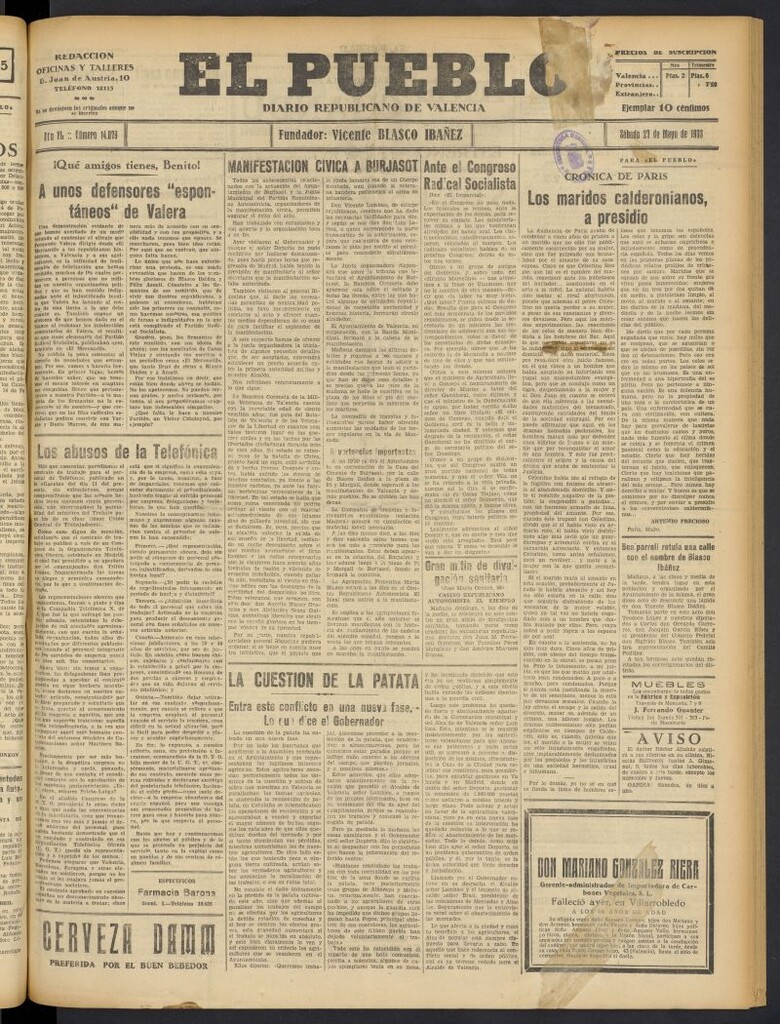 Miniatura de El Pueblo : Diario republicano de Valencia del 27 de mayo de 1933, nº 14.079