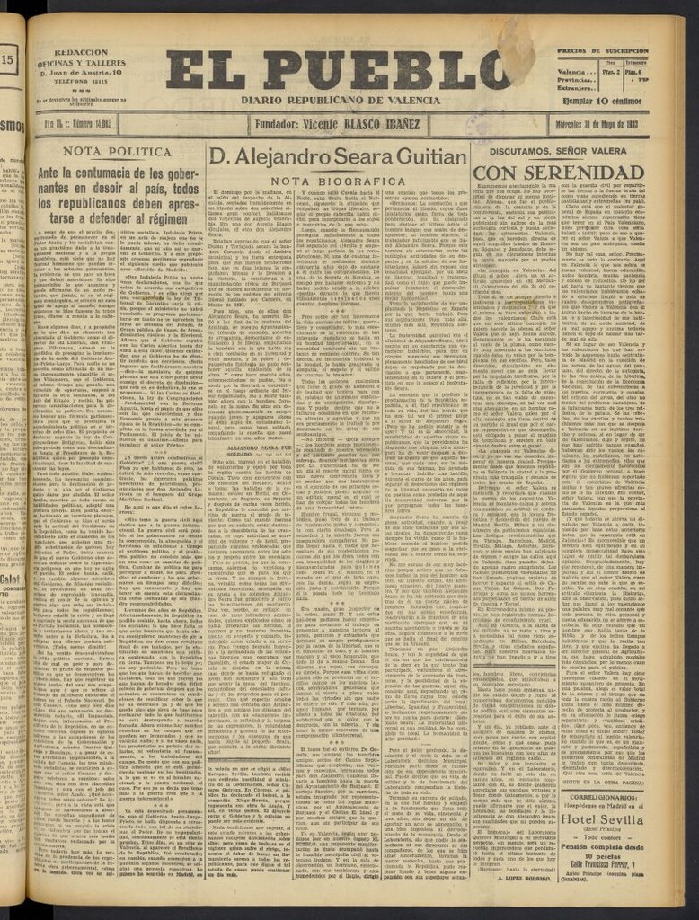 Miniatura de El Pueblo : Diario republicano de Valencia del 31 de mayo de 1933, nº 14.082