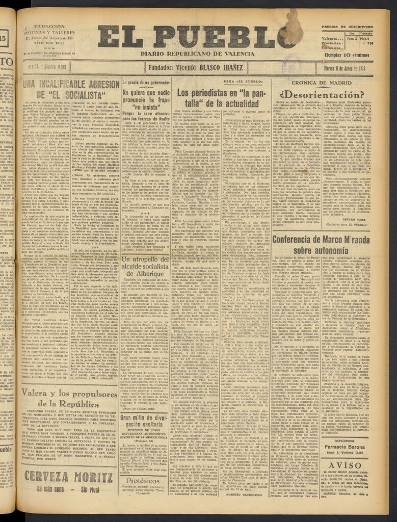 Miniatura de El Pueblo : Diario republicano de Valencia del 6 de junio de 1933, nº 14.087
