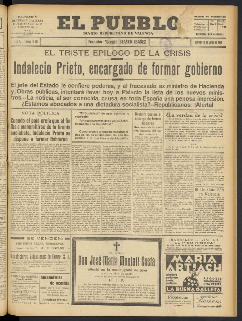 Miniatura de El Pueblo : Diario republicano de Valencia del 11 de junio de 1933, nº 14.092