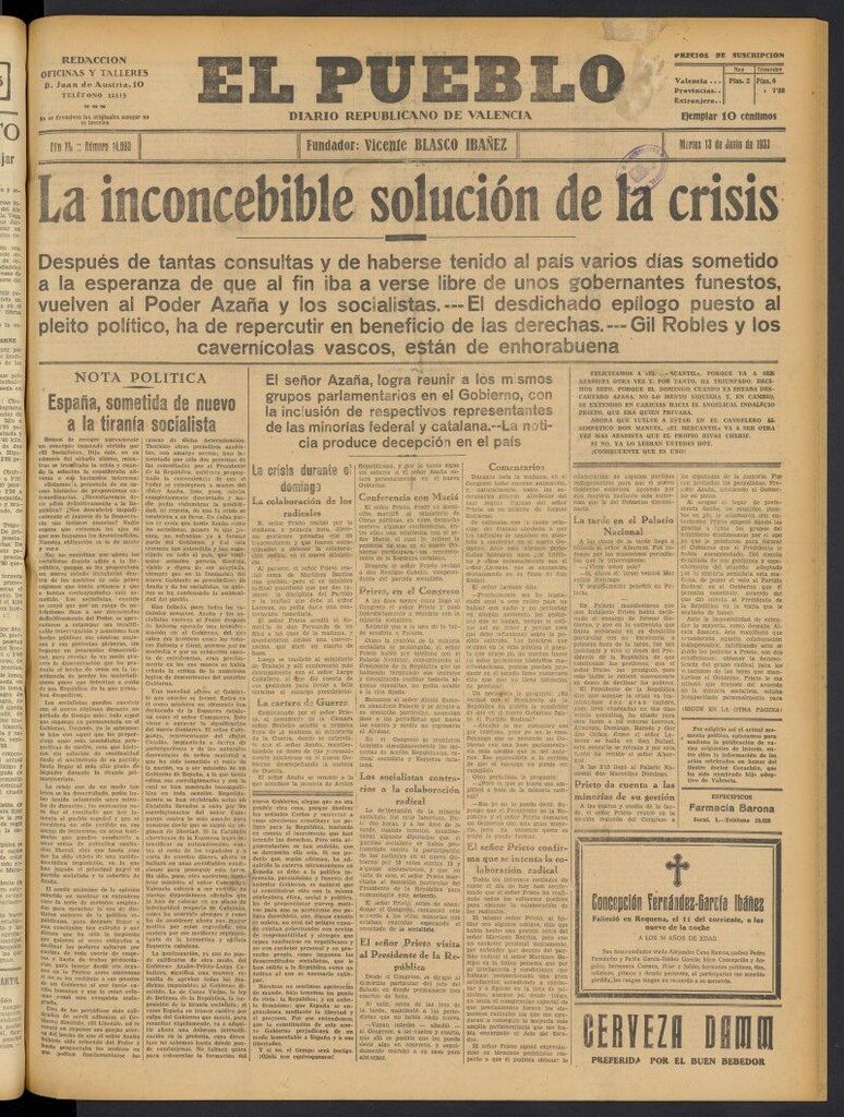 Miniatura de El Pueblo : Diario republicano de Valencia del 13 de junio de 1933, nº 14.093