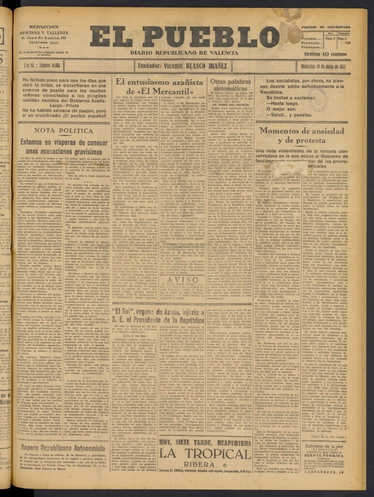 Miniatura de El Pueblo : Diario republicano de Valencia del 14 de junio de 1933, nº 14.094