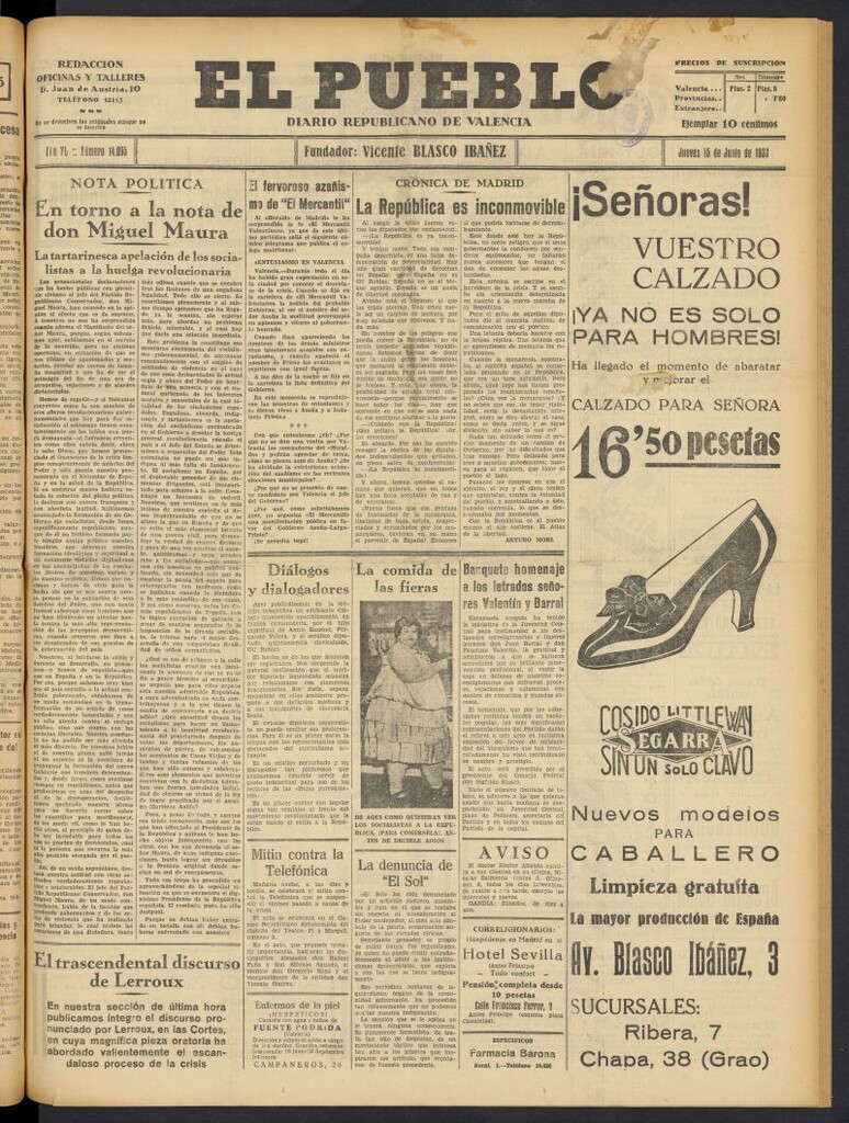Miniatura de El Pueblo : Diario republicano de Valencia del 15 de junio de 1933, nº 14.095