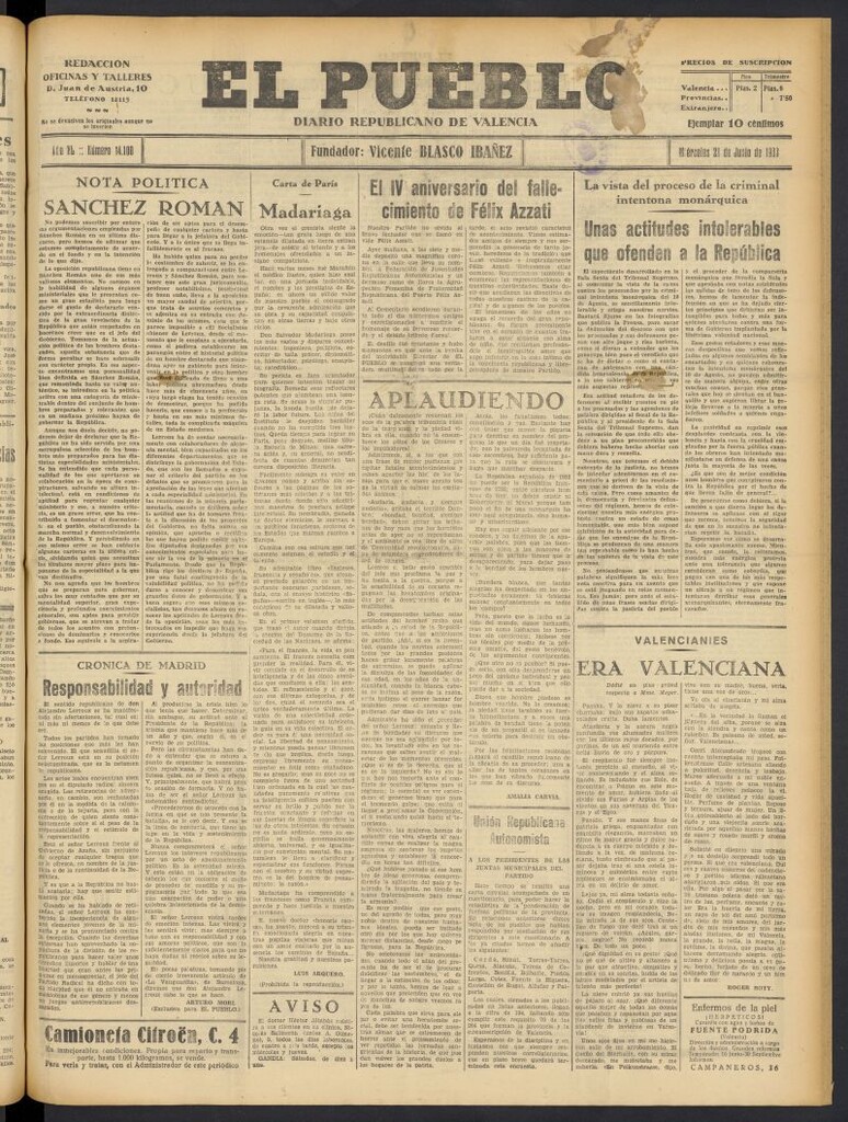 Miniatura de El Pueblo : Diario republicano de Valencia del 21 de junio de 1933, nº 14.100