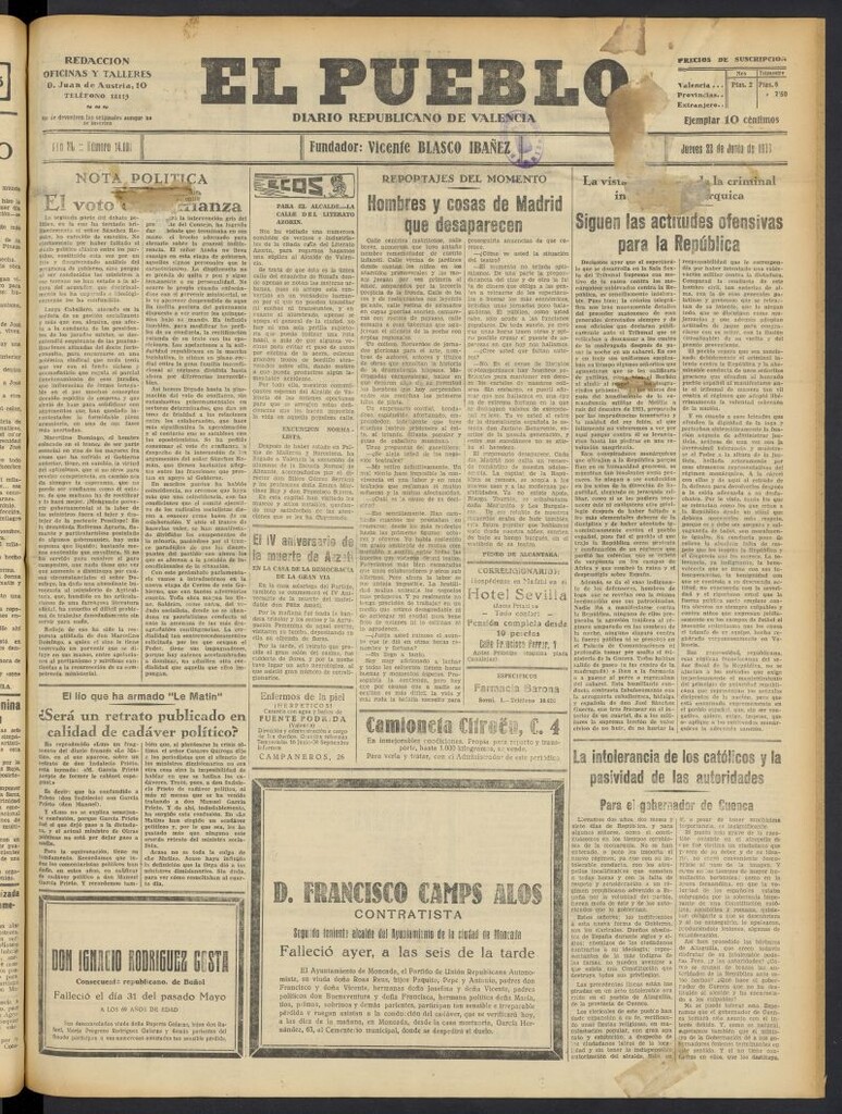 Miniatura de El Pueblo : Diario republicano de Valencia del 22 de junio de 1933, nº 14.101